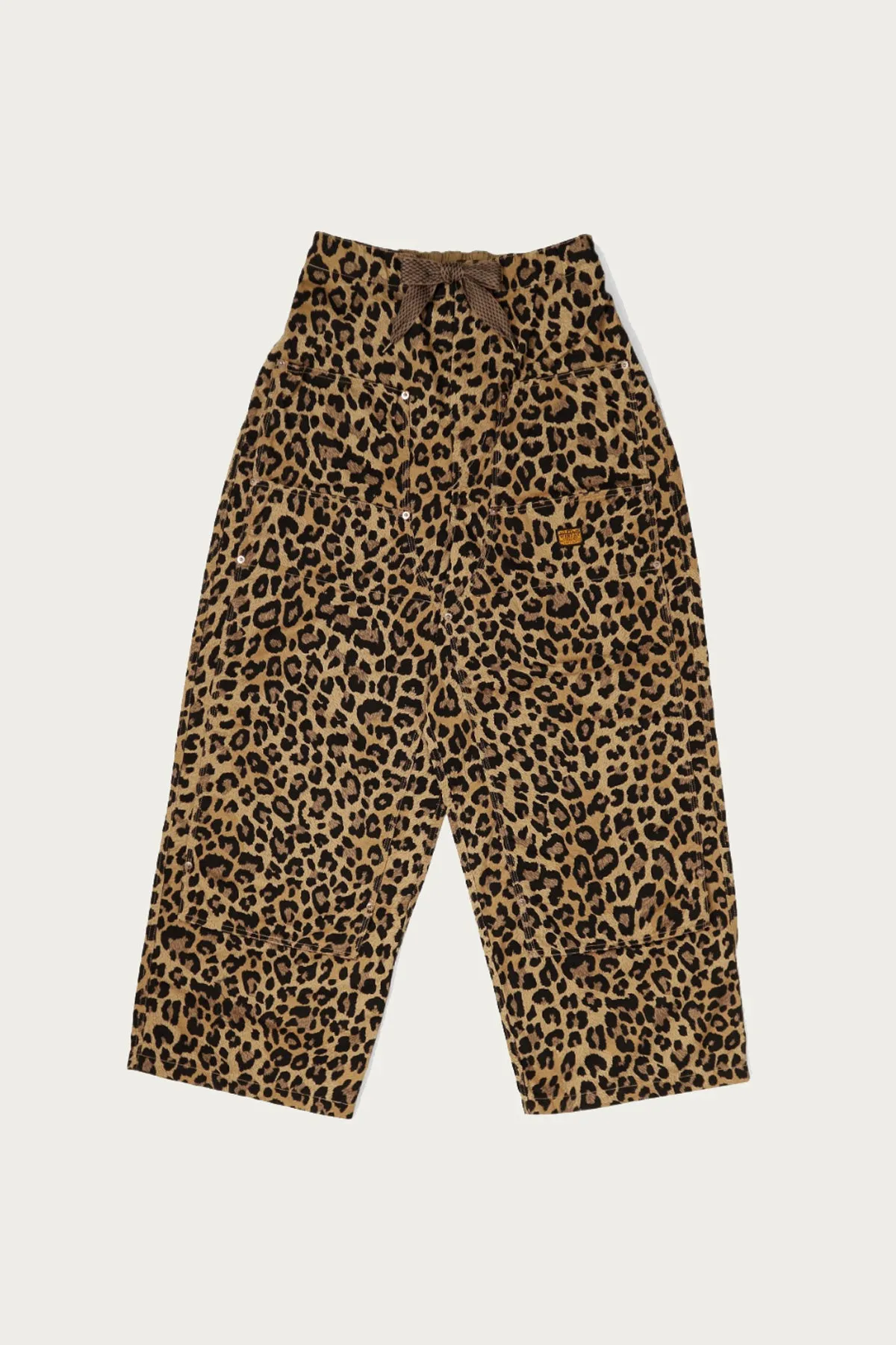 Cotton Herringbone Leopard W-Knee Easy Baggy Pants - Brown