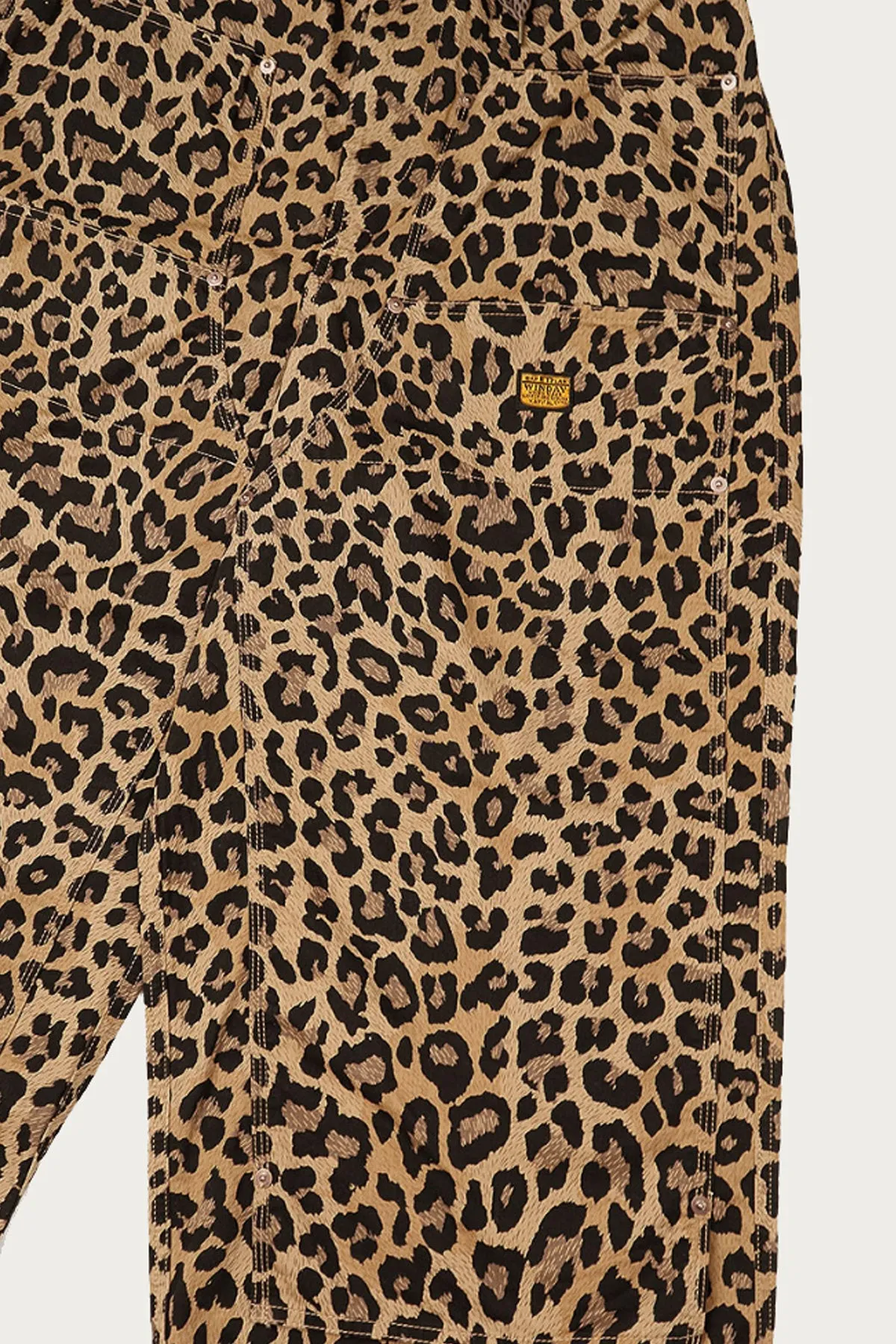 Cotton Herringbone Leopard W-Knee Easy Baggy Pants - Brown