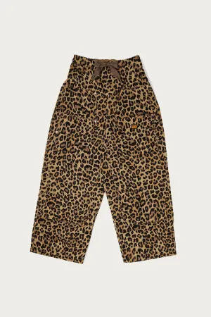 Cotton Herringbone Leopard W-Knee Easy Baggy Pants - Brown
