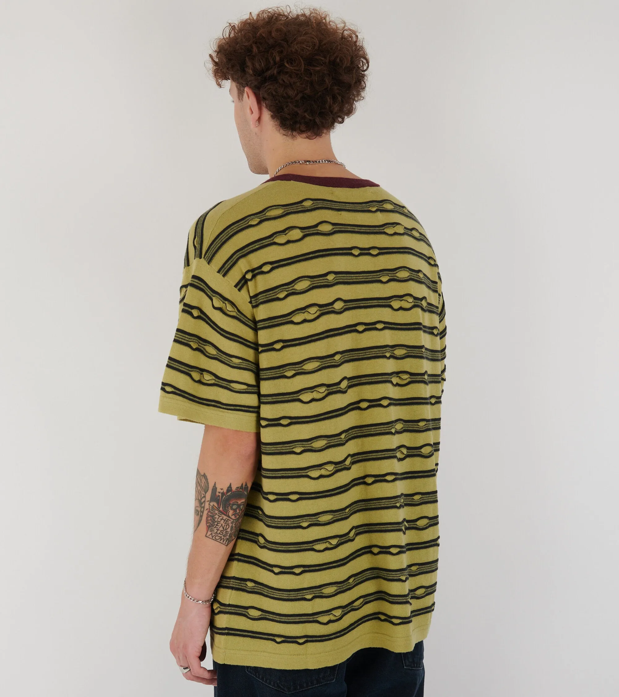 Embroidered Puckered Striped T-shirt Lime