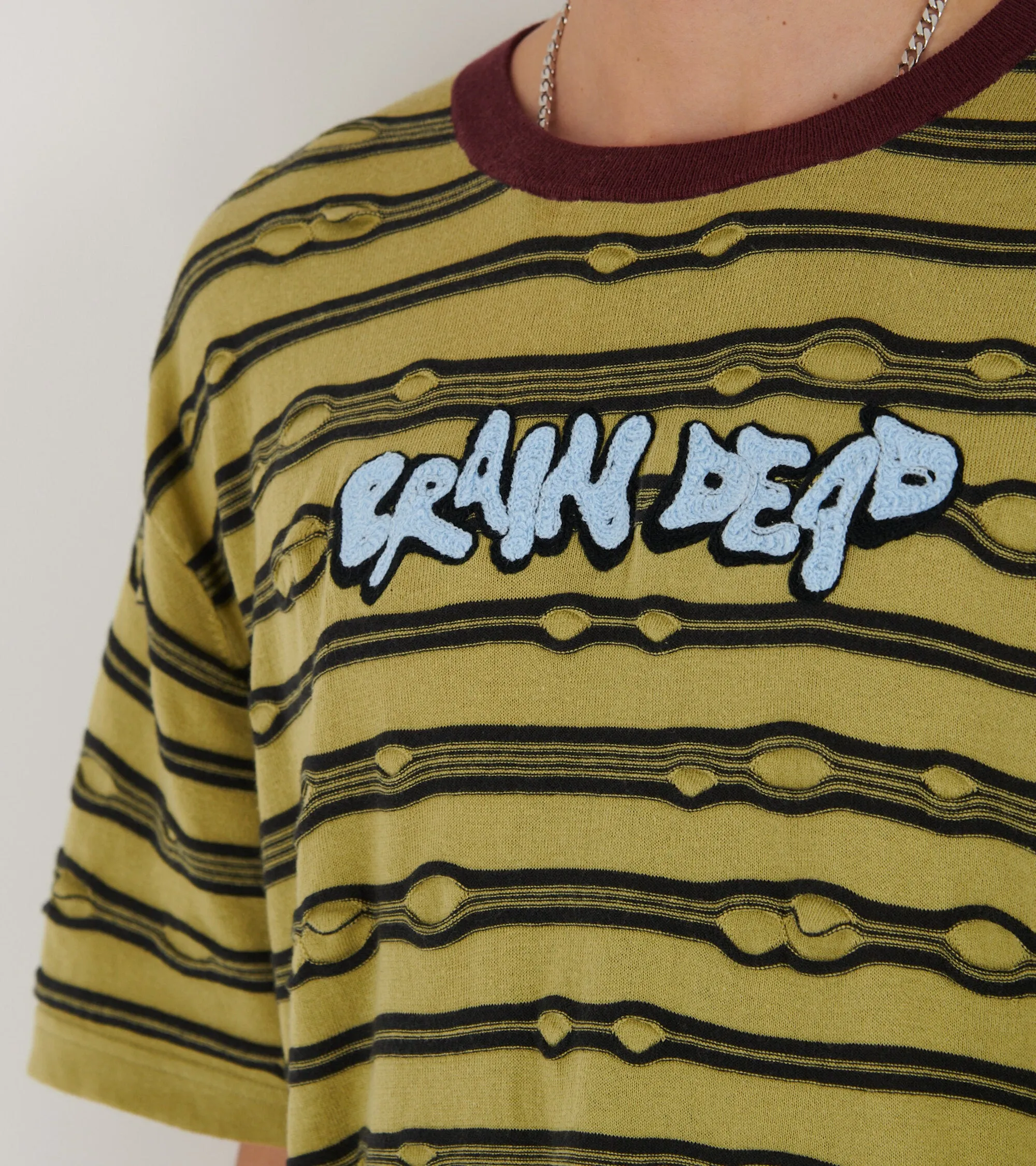 Embroidered Puckered Striped T-shirt Lime