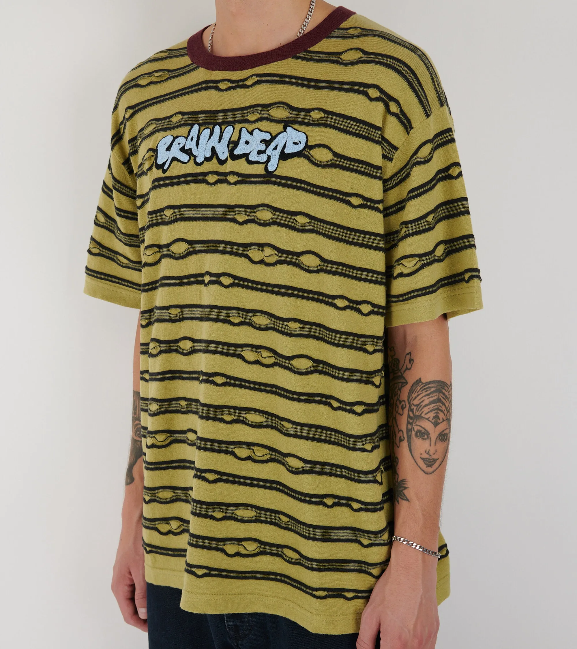 Embroidered Puckered Striped T-shirt Lime