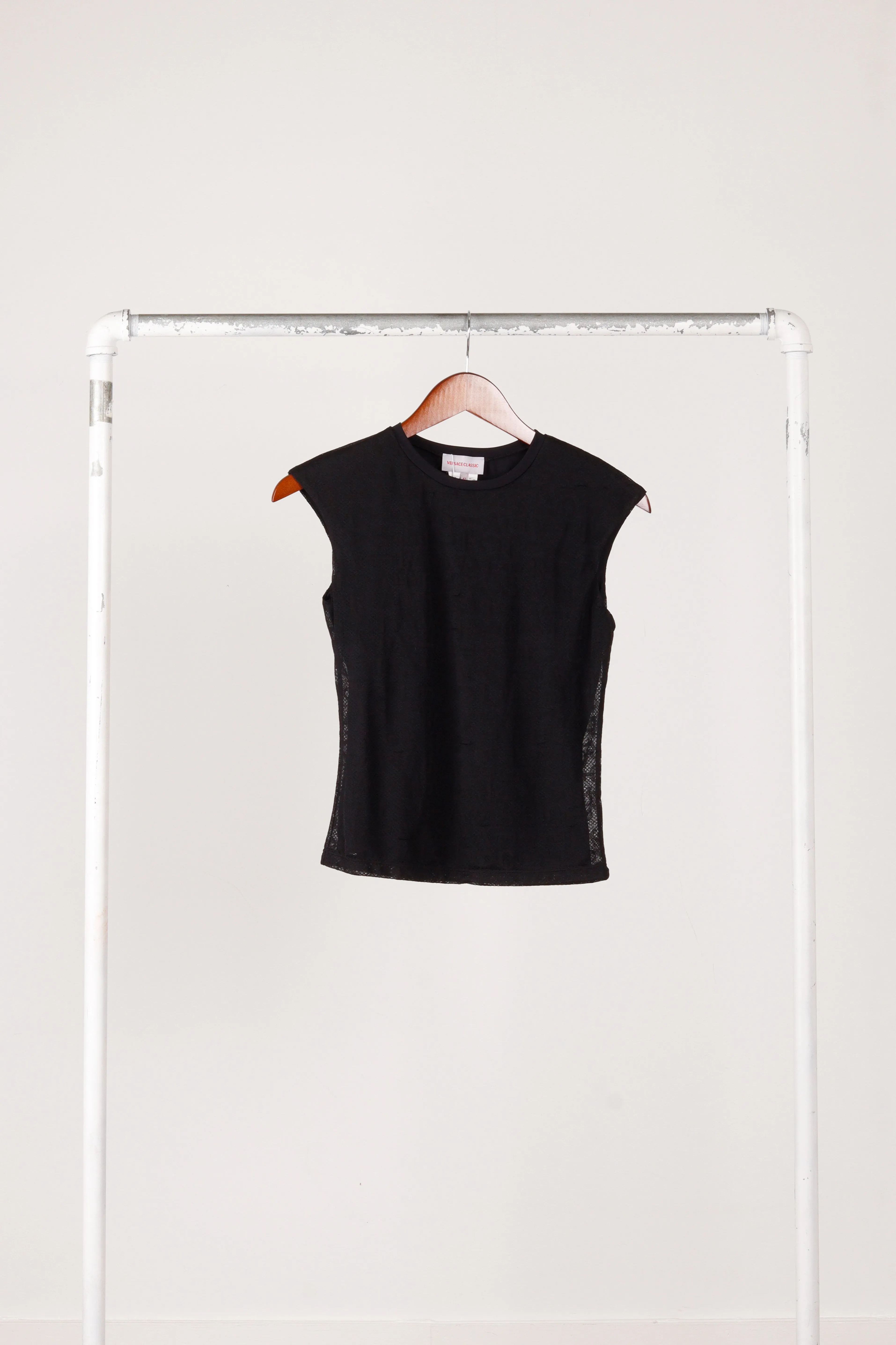 Versace Classic Women's 'Monochrome Spell Out Print' Sheer S/S Top Black